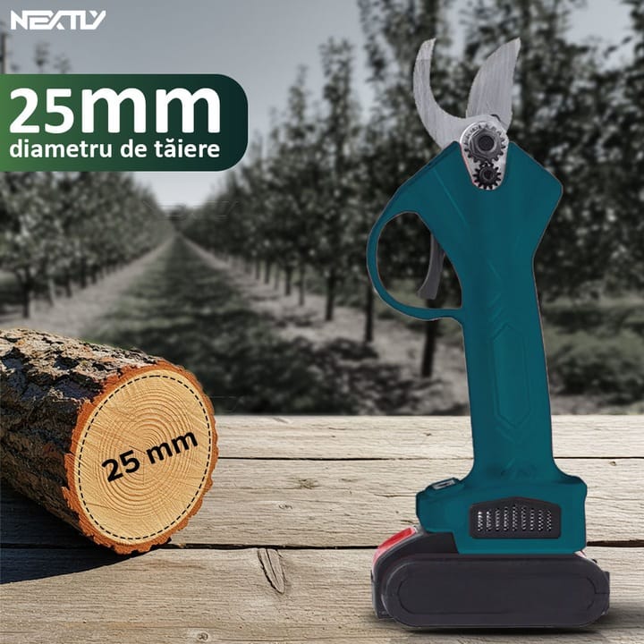 Foarfeca electrica pentru gradinarit NEXTLY, 2 acumulatori de 48V inclusi, pentru taiat via, crengi, diametru taiere 25mm, geanta transport si depozitare inclusa, accesorii, piatra ascutit, incarcator, albastru