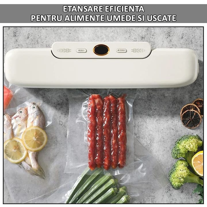 Set aparat de vidat si sigilat alimente umede/uscate + 6 role 500x17cm NEXTLY, functii de vidare si sigilare in mod automat/manual/separat, timp reglabil, afisaj digital secunde ramase, 30cm bara de lipire, protectie supraincalzire, 120W, alb