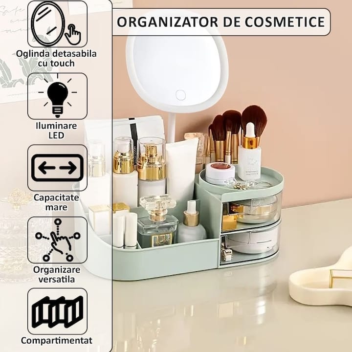 Organizator de cosmetice, bijuterii, accesorii si alte obiecte NEXTLY, oglinda detasabila si reglabila cu touch control, 3 moduri de iluminare, compartimentat, 14x26x9cm S, verde