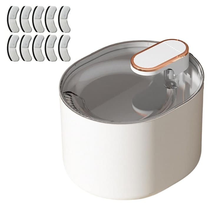 Set dispenser automat de apa tip fantana pentru pisici si caini + 10 filtre NEXTLY, capacitate 3L, fitru de carbune activ si bumbac cu nano-bule, ultra-silentios, lumina led, alimentare USB, Alb