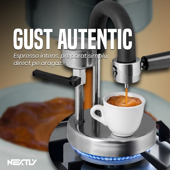 Espressor manual pentru aragaz NEXTLY Kamira cu levier, 2 portafiltre, cafea cremoasa, cafea macinata, fabricat in italia, din inox, crema densa, functionare la orice sursa de caldura, pentru camping