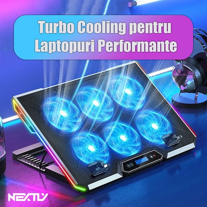 Cooler laptop cu suport de telefon NEXTLY, 6 ventilatoare cu viteza reglabila, ecran LCD, 7 moduri de iluminare RGB, 8 trepte de ajustare, 2 porturi USB, compatibil cu laptop-uri de pana la 18inch, 415x298mm, negru