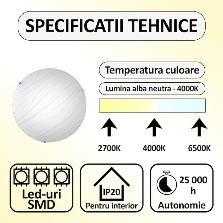 Plafoniera LED Nextly, aplica pentru perete sau tavan, 28W, 2240 Lm, lumina alba neutra, 4000K, Led-uri SMD incorporate, 40x40 cm, abajur din sticla cu model, unghi iluminare 120°, alb