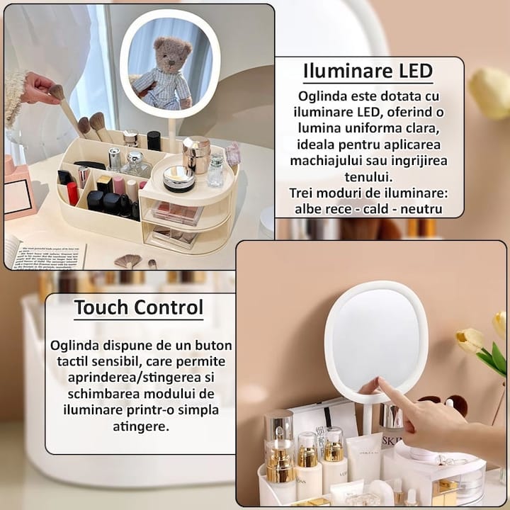 Organizator de cosmetice, bijuterii, accesorii si alte obiecte NEXTLY, oglinda detasabila si reglabila cu touch control, 3 moduri de iluminare, compartimentat, 14x26x9cm S, roz