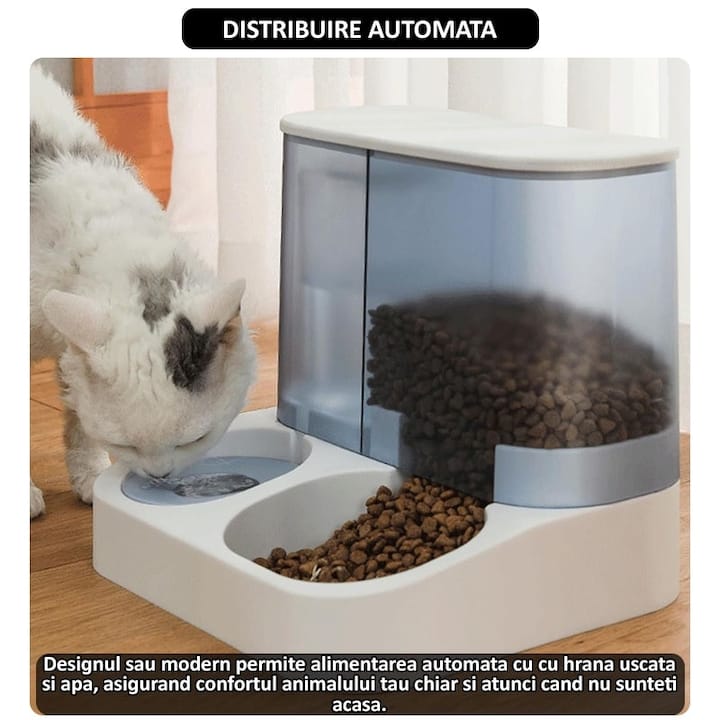 Dispenser automat mancare si apa animale NEXTLY, pentru pisici si caini de orice talie, compartimentare separata, rezervor transparent cu capac, capacitata apa 1l, capacitate hrana 2.8l, material ABS, non-toxic, alb-negru
