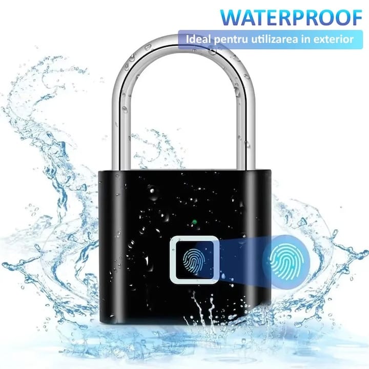 Lacat cu amprenta digitala NEXTLY, pentru interior/exterior, pana la 20 de amprente stocate, deblocare rapida 0.2s, incarcare cablus USB Tip C, waterproof, aliaj de zinc si otel, anti-spargere/anti-ta