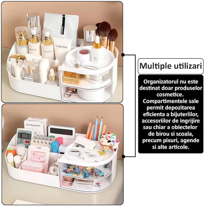 Organizator de cosmetice, bijuterii, accesorii si alte obiecte NEXTLY, oglinda detasabila si reglabila cu touch control, 3 moduri de iluminare, compartimentat, 14x26x9cm S, verde