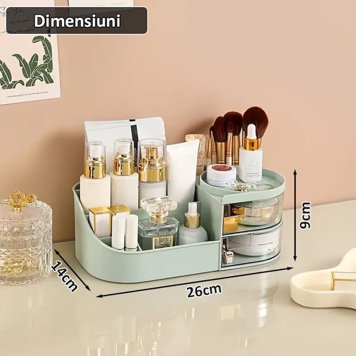 Organizator de cosmetice, bijuterii, accesorii si alte obiecte NEXTLY, oglinda detasabila si reglabila cu touch control, 3 moduri de iluminare, compartimentat, 14x26x9cm S, verde