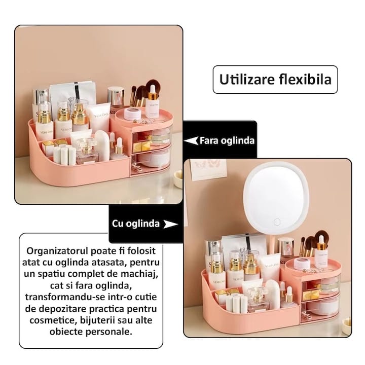 Organizator de cosmetice, bijuterii, accesorii si alte obiecte NEXTLY, oglinda detasabila si reglabila cu touch control, 3 moduri de iluminare, compartimentat, 14x26x9cm S, roz