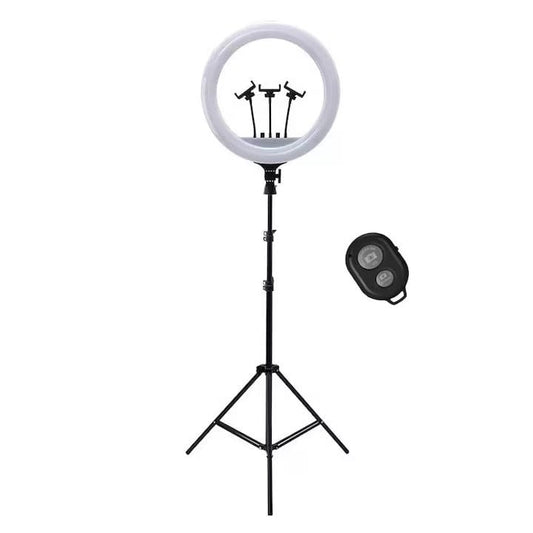 Lampa circulara profesionala RING LIGHT LED, NEXTLY, diametru 35cm, 14inch, lumina calda/rece/neutra, 10 trepte de lumina, telecomanda pe fir, 3 suporturi telefon, telecomanda bluetooth pentru selfie,