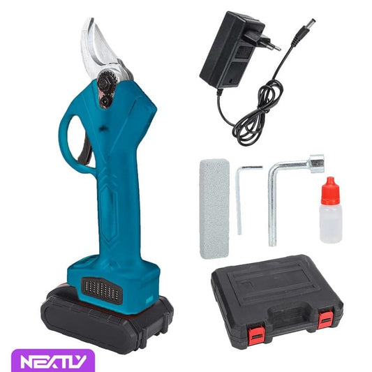 Foarfeca electrica pentru gradinarit NEXTLY, 2 acumulatori de 48V inclusi, pentru taiat via, crengi, diametru taiere 25mm, geanta transport si depozitare inclusa, accesorii, piatra ascutit, incarcator, albastru