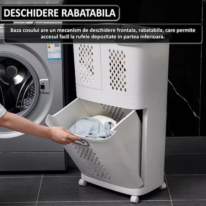 Cos de rufe, jucarii copii si alte obiecte NEXTLY, 3 compartimente, 4 roti detasabile, 2 cosuri cu maner detasabile, aplicabile pe perete, deschidere rabatabila, sistem de aerisire, 28x40x74cm, alb-gri