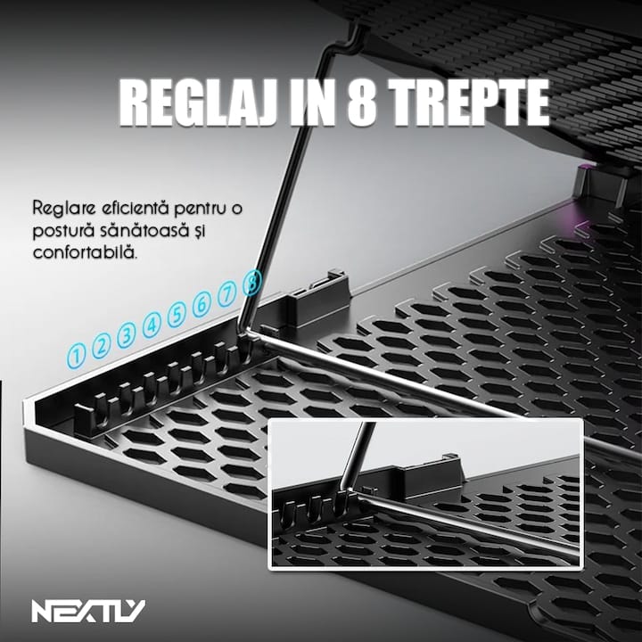 Cooler laptop cu suport de telefon NEXTLY, 6 ventilatoare cu viteza reglabila, ecran LCD, 7 moduri de iluminare RGB, 8 trepte de ajustare, 2 porturi USB, compatibil cu laptop-uri de pana la 18inch, 415x298mm, negru