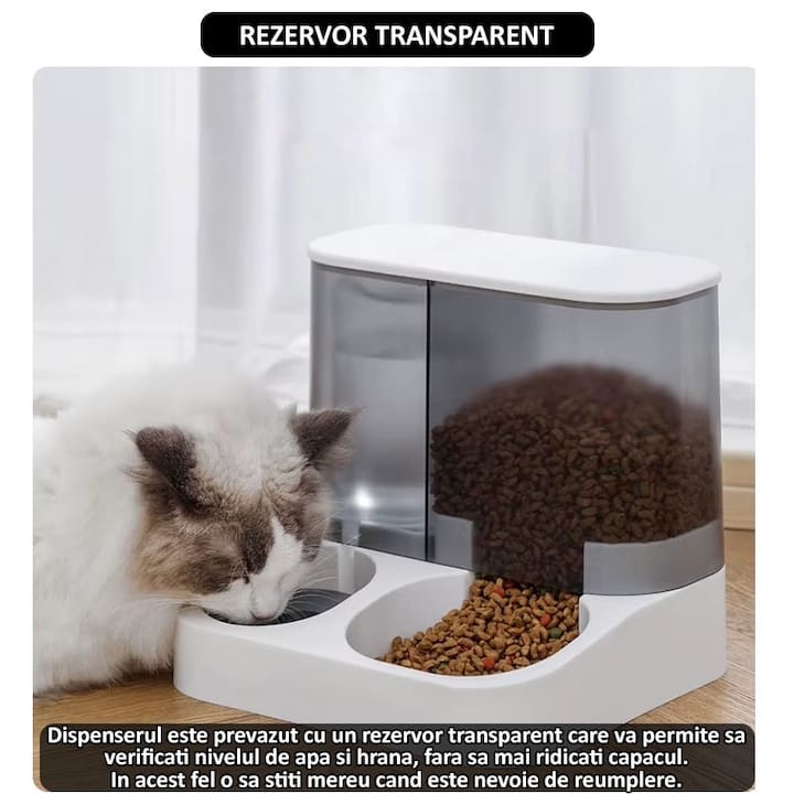 Dispenser automat mancare si apa animale NEXTLY, pentru pisici si caini de orice talie, compartimentare separata, rezervor transparent cu capac, capacitata apa 1l, capacitate hrana 2.8l, material ABS, non-toxic, alb-negru
