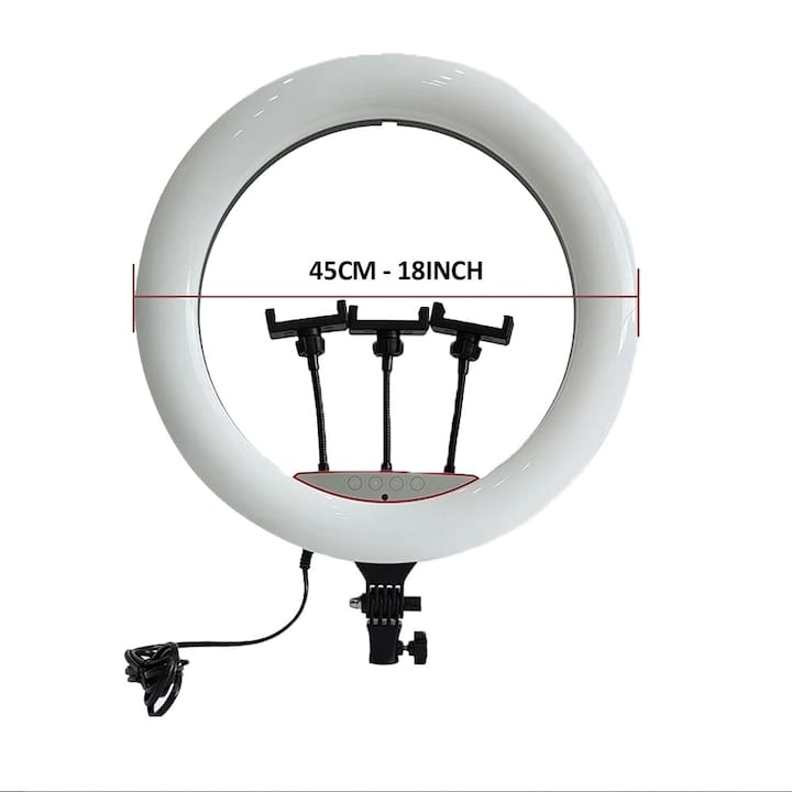 Lampa circulara profesionala RING LIGHT LED, NEXTLY, touch control, diametru 45cm, 18inch, lumina calda/rece/neutra, 10 trepte de lumina, 3 suporturi telefon, telecomanda, telecomanda bluetooth pentru