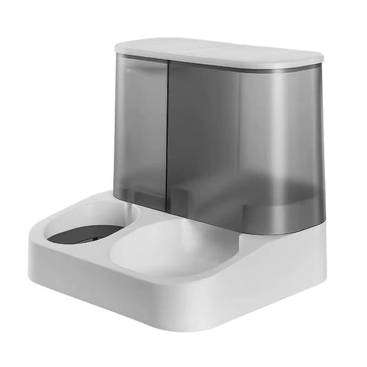 Dispenser automat mancare si apa animale NEXTLY, pentru pisici si caini de orice talie, compartimentare separata, rezervor transparent cu capac, capacitata apa 1l, capacitate hrana 2.8l, material ABS, non-toxic, alb-negru