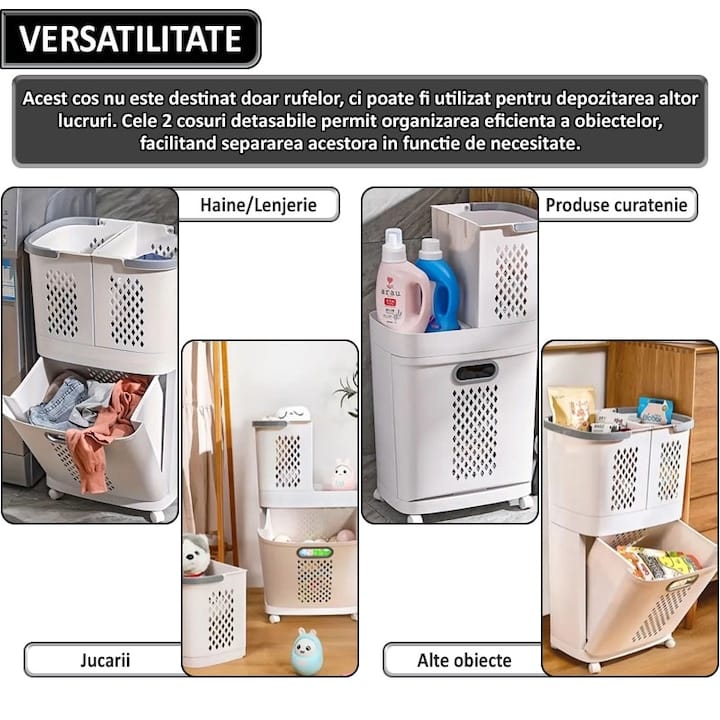 Cos de rufe, jucarii copii si alte obiecte NEXTLY, 3 compartimente, 4 roti detasabile, 2 cosuri cu maner detasabile, aplicabile pe perete, deschidere rabatabila, sistem de aerisire, 28x40x74cm, alb-gri