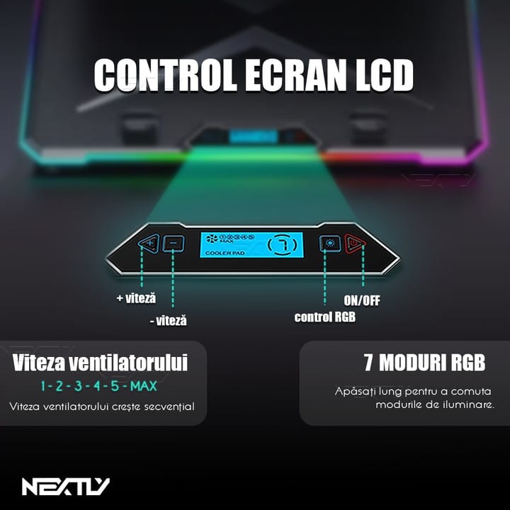 Cooler laptop cu suport de telefon NEXTLY, 6 ventilatoare cu viteza reglabila, ecran LCD, 7 moduri de iluminare RGB, 8 trepte de ajustare, 2 porturi USB, compatibil cu laptop-uri de pana la 18inch, 415x298mm, negru