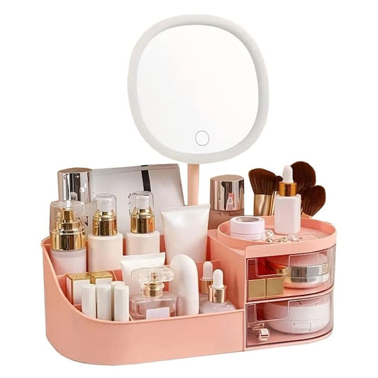 Organizator de cosmetice, bijuterii, accesorii si alte obiecte NEXTLY, oglinda detasabila si reglabila cu touch control, 3 moduri de iluminare, compartimentat, 14x26x9cm S, roz