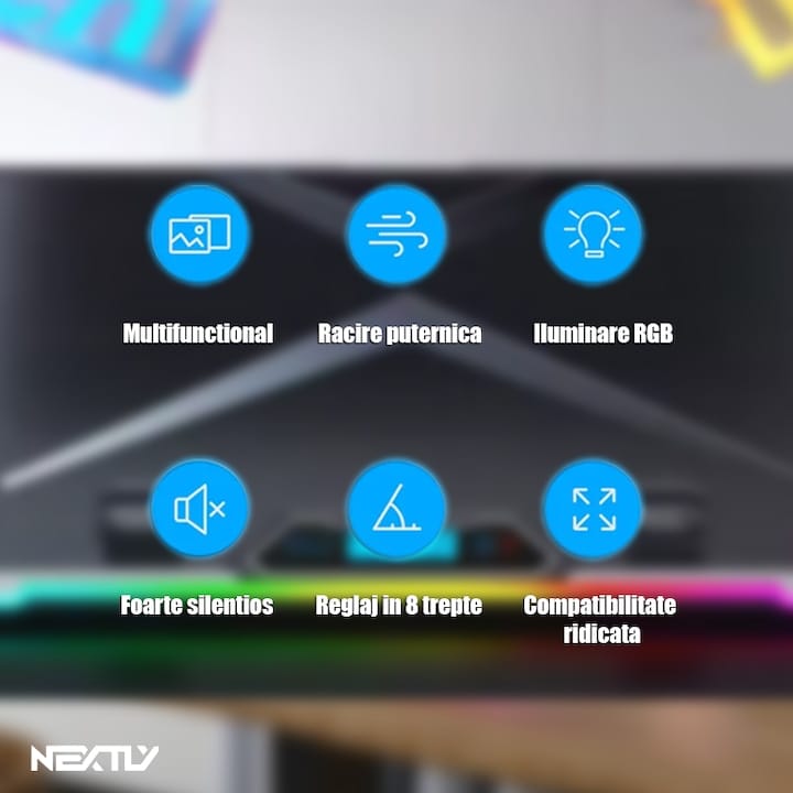 Cooler laptop cu suport de telefon NEXTLY, 6 ventilatoare cu viteza reglabila, ecran LCD, 7 moduri de iluminare RGB, 8 trepte de ajustare, 2 porturi USB, compatibil cu laptop-uri de pana la 18inch, 415x298mm, negru