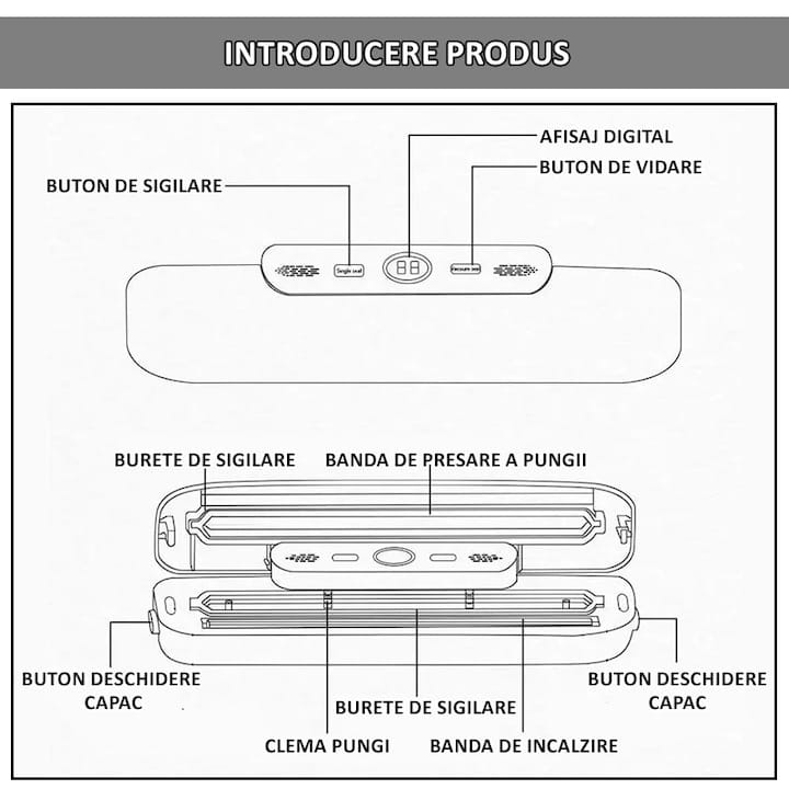 Set aparat de vidat si sigilat alimente umede/uscate + 6 role 500x17cm NEXTLY, functii de vidare si sigilare in mod automat/manual/separat, timp reglabil, afisaj digital secunde ramase, 30cm bara de lipire, protectie supraincalzire, 120W, alb
