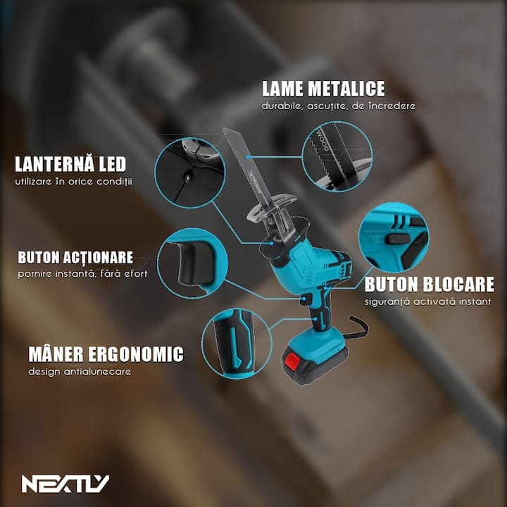 Fierastrau electric tip sabie NEXTLY, 2 acumulatori de 48V, 4 lame, lemn/metal, taiere alternativa, 3000 curse pe minut, 0-100mm capacitate de taiere, cursa de 20mm, tip soricel, negru-albastru