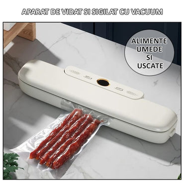 Set aparat de vidat si sigilat alimente umede/uscate + 6 role 500x17cm NEXTLY, functii de vidare si sigilare in mod automat/manual/separat, timp reglabil, afisaj digital secunde ramase, 30cm bara de lipire, protectie supraincalzire, 120W, alb