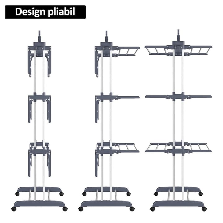 Uscator vertical pentru rufe si incaltaminte NEXTLY, 3 niveluri, suport umerase, pliabil, portabil, mobil, ergonomic, gri