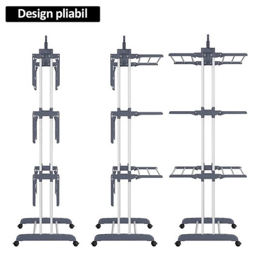 Uscator vertical pentru rufe si incaltaminte NEXTLY, 3 niveluri, suport umerase, pliabil, portabil, mobil, ergonomic, gri