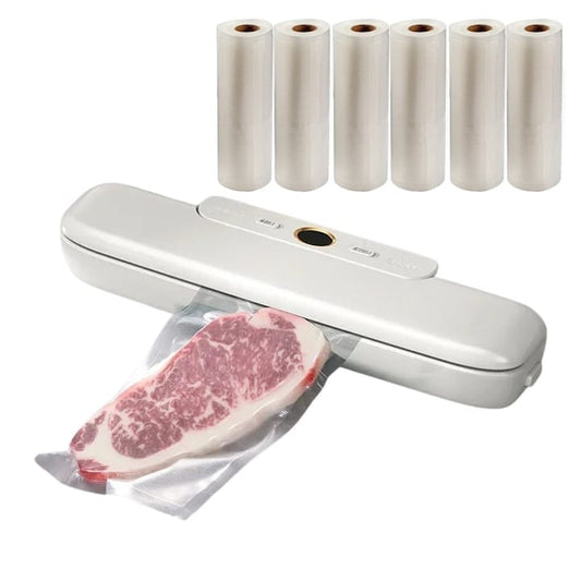 Set aparat de vidat si sigilat alimente umede/uscate + 6 role 500x17cm NEXTLY, functii de vidare si sigilare in mod automat/manual/separat, timp reglabil, afisaj digital secunde ramase, 30cm bara de lipire, protectie supraincalzire, 120W, alb