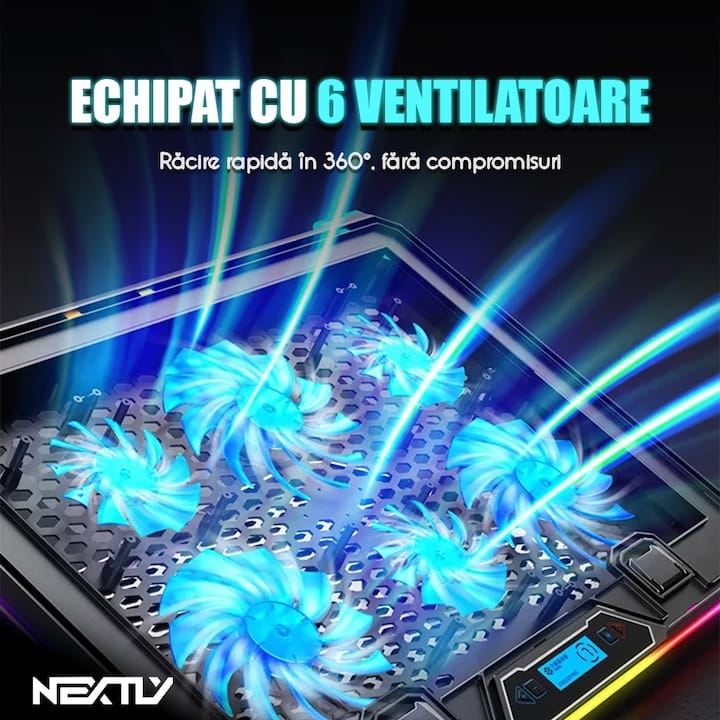 Cooler laptop cu suport de telefon NEXTLY, 6 ventilatoare cu viteza reglabila, ecran LCD, 7 moduri de iluminare RGB, 8 trepte de ajustare, 2 porturi USB, compatibil cu laptop-uri de pana la 18inch, 415x298mm, negru