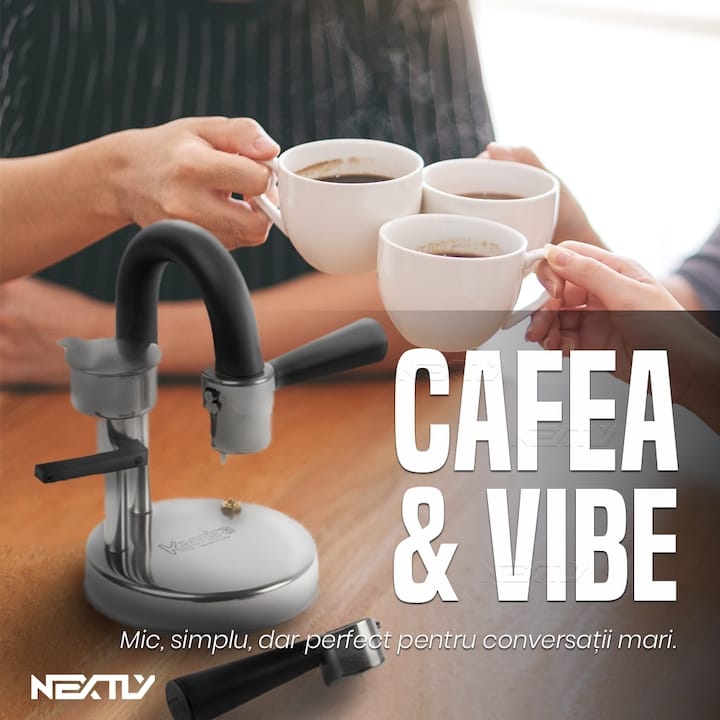 Espressor manual pentru aragaz NEXTLY Kamira cu levier, 2 portafiltre, cafea cremoasa, cafea macinata, fabricat in italia, din inox, crema densa, functionare la orice sursa de caldura, pentru camping