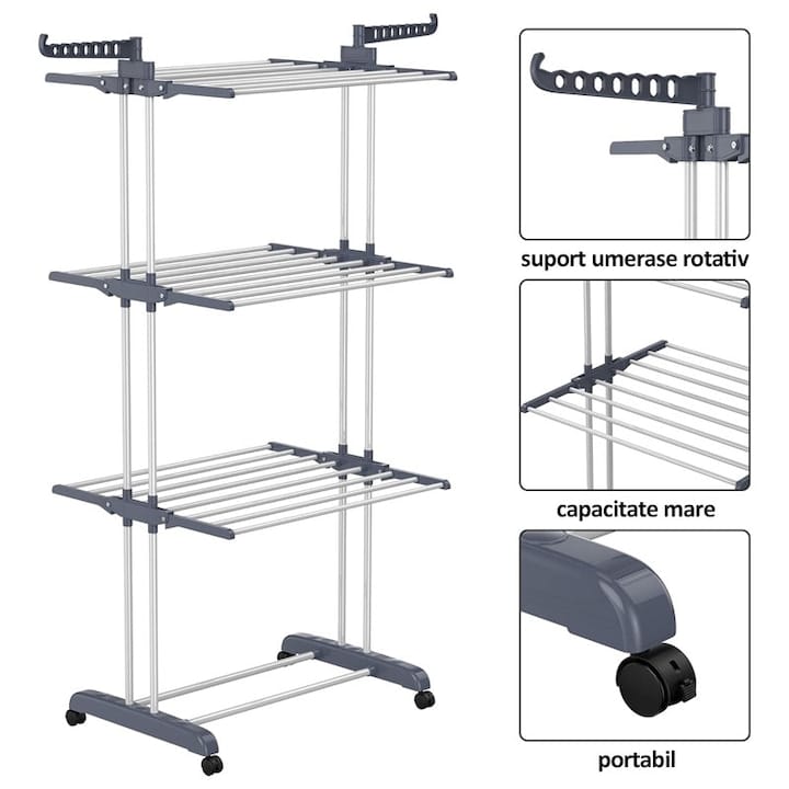 Uscator vertical pentru rufe si incaltaminte NEXTLY, 3 niveluri, suport umerase, pliabil, portabil, mobil, ergonomic, gri