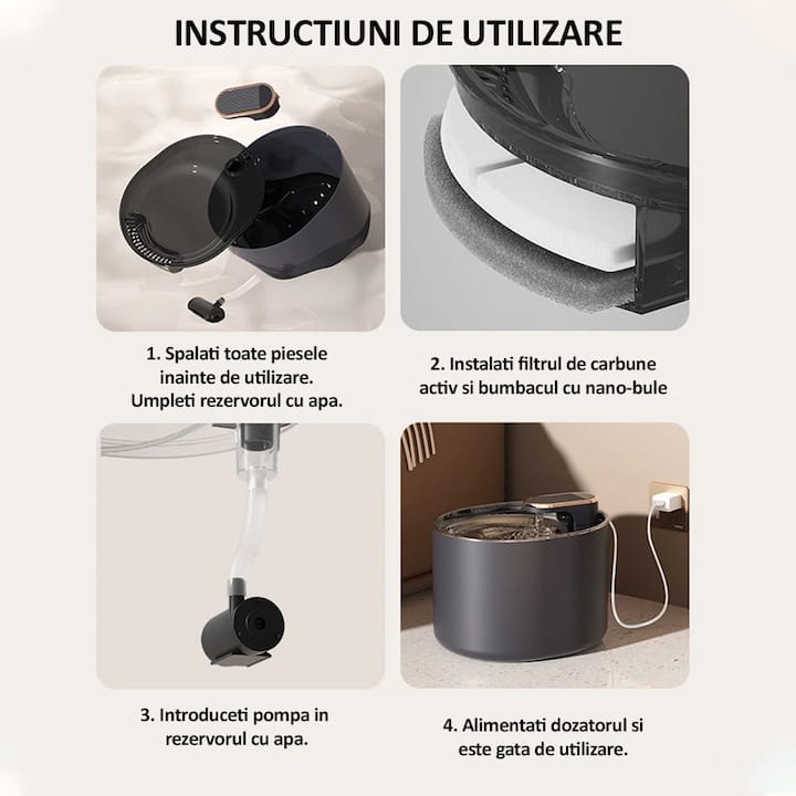 Set dispenser automat de apa tip fantana pentru pisici si caini + 10 filtre NEXTLY, capacitate 3L, fitru de carbune activ si bumbac cu nano-bule, ultra-silentios, lumina led, alimentare USB, Alb