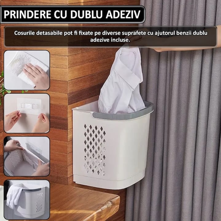 Cos de rufe, jucarii copii si alte obiecte NEXTLY, 3 compartimente, 4 roti detasabile, 2 cosuri cu maner detasabile, aplicabile pe perete, deschidere rabatabila, sistem de aerisire, 28x40x74cm, alb-gri