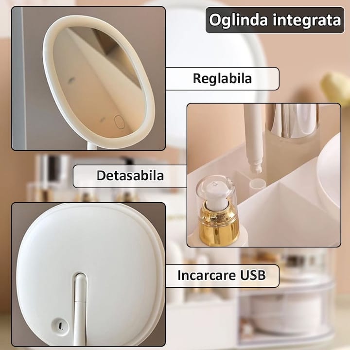 Organizator de cosmetice, bijuterii, accesorii si alte obiecte NEXTLY, oglinda detasabila si reglabila cu touch control, 3 moduri de iluminare, compartimentat, 14x26x9cm S, roz