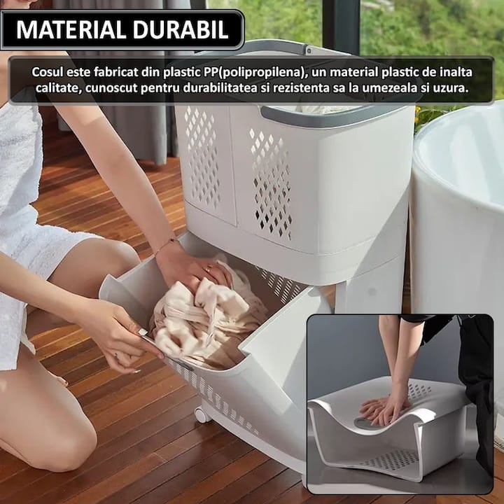 Cos de rufe, jucarii copii si alte obiecte NEXTLY, 3 compartimente, 4 roti detasabile, 2 cosuri cu maner detasabile, aplicabile pe perete, deschidere rabatabila, sistem de aerisire, 28x40x74cm, alb-gri