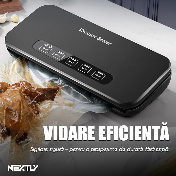 Set aparat de vidat cu vacuum alimente umede/uscate + 6 role 17cm NEXTLY, functii de vidare si sigilare in mod automat/manual/separat, vidare externa, buton oprire, spatiu depozitare rola de vidat 28cm, lama integrata pentru taiere, 110W, 85kpa, negru