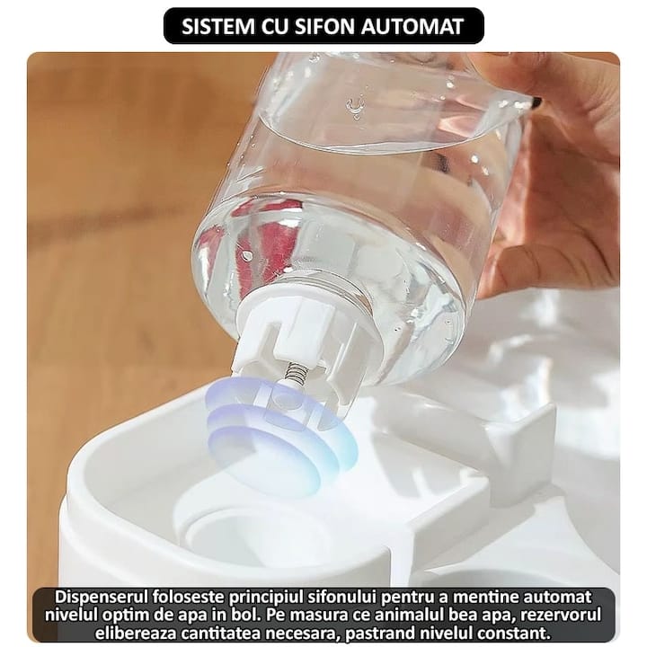 Dispenser automat mancare si apa animale NEXTLY, pentru pisici si caini de orice talie, compartimentare separata, rezervor transparent cu capac, capacitata apa 1l, capacitate hrana 2.8l, material ABS, non-toxic, alb-negru