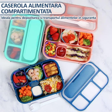 Caserola compartimentata NEXTLY, anti-scurgere, 4 compartimente, loc pentru tacamuri, capac transparent, compatibil cu microunde si masina de spalat vase, material PP, furculita inclusa, 22.5x16x6.5cm, 1300ml, verde