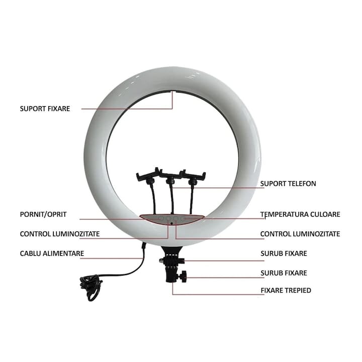 Lampa circulara profesionala RING LIGHT LED, NEXTLY, touch control, diametru 45cm, 18inch, lumina calda/rece/neutra, 10 trepte de lumina, 3 suporturi telefon, telecomanda, telecomanda bluetooth pentru