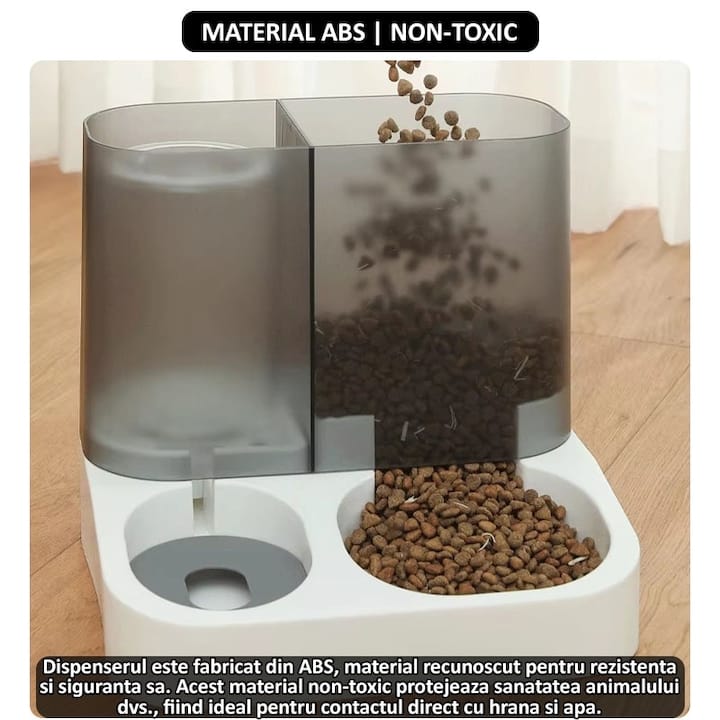 Dispenser automat mancare si apa animale NEXTLY, pentru pisici si caini de orice talie, compartimentare separata, rezervor transparent cu capac, capacitata apa 1l, capacitate hrana 2.8l, material ABS, non-toxic, alb-negru
