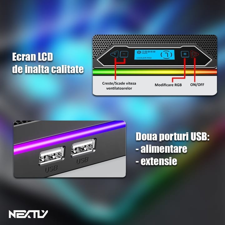 Cooler laptop cu suport de telefon NEXTLY, 6 ventilatoare cu viteza reglabila, ecran LCD, 7 moduri de iluminare RGB, 8 trepte de ajustare, 2 porturi USB, compatibil cu laptop-uri de pana la 18inch, 415x298mm, negru