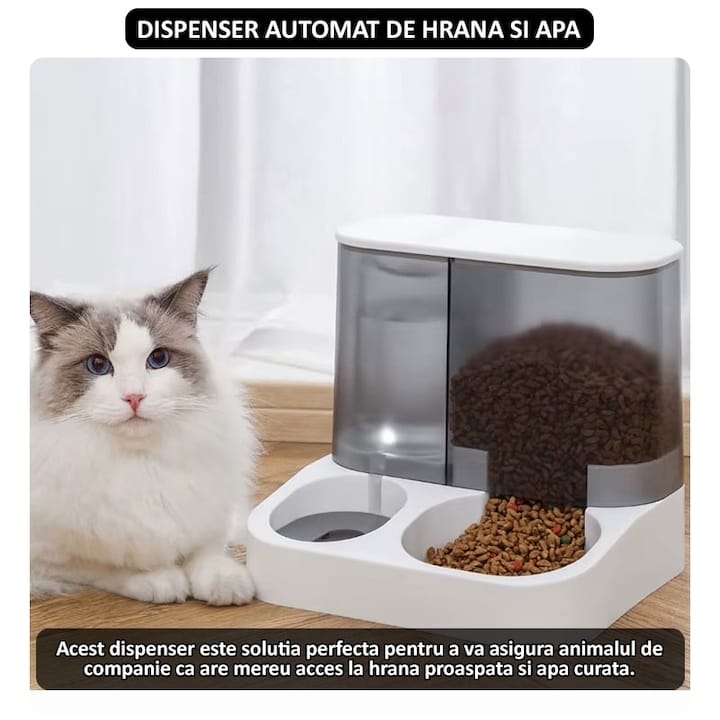 Dispenser automat mancare si apa animale NEXTLY, pentru pisici si caini de orice talie, compartimentare separata, rezervor transparent cu capac, capacitata apa 1l, capacitate hrana 2.8l, material ABS, non-toxic, alb-negru