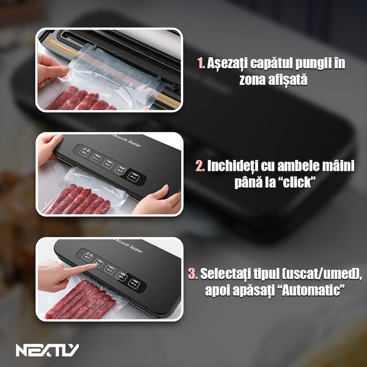 Set aparat de vidat cu vacuum alimente umede/uscate + 6 role 17cm NEXTLY, functii de vidare si sigilare in mod automat/manual/separat, vidare externa, buton oprire, spatiu depozitare rola de vidat 28cm, lama integrata pentru taiere, 110W, 85kpa, negru