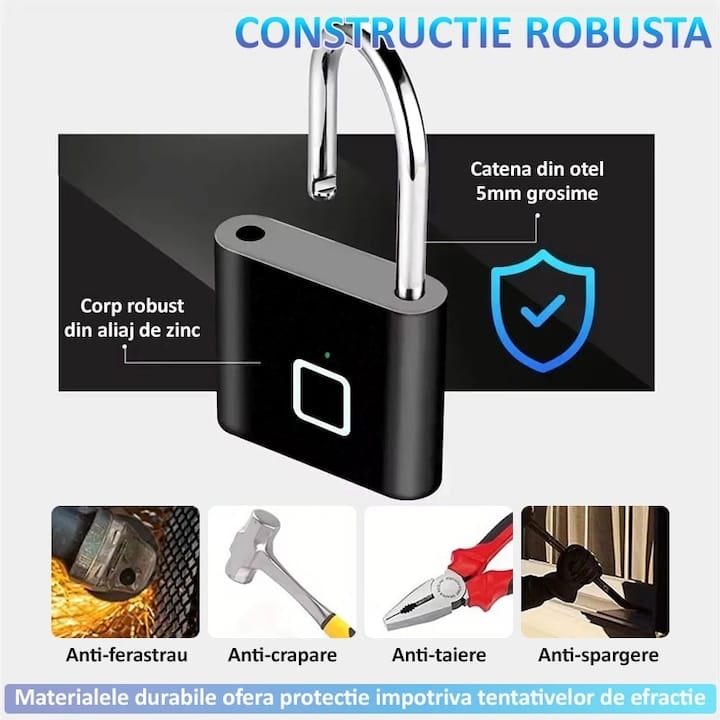 Lacat cu amprenta digitala NEXTLY, pentru interior/exterior, pana la 20 de amprente stocate, deblocare rapida 0.2s, incarcare cablus USB Tip C, waterproof, aliaj de zinc si otel, anti-spargere/anti-ta