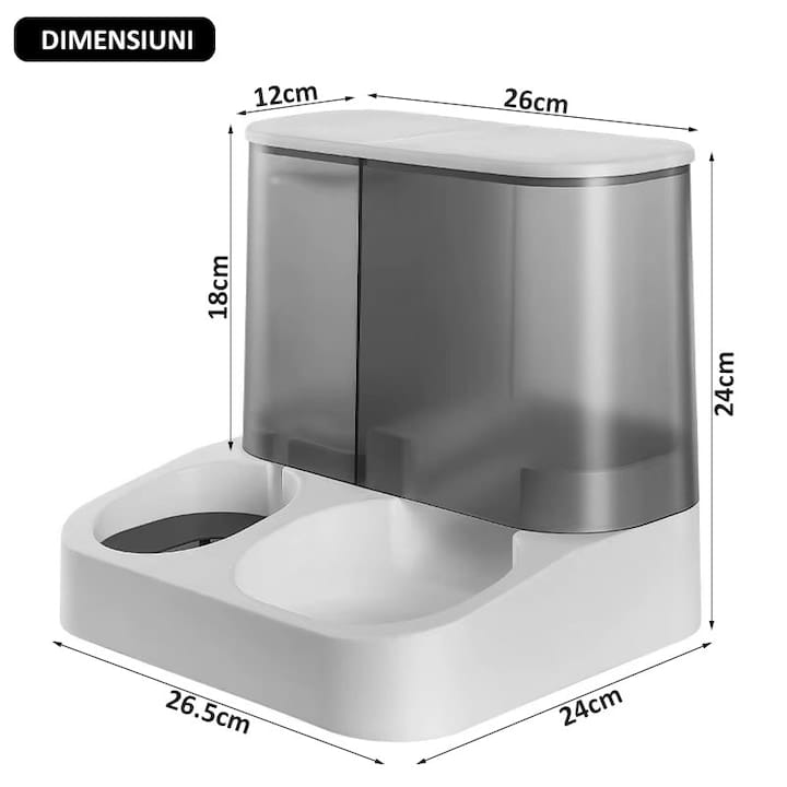 Dispenser automat mancare si apa animale NEXTLY, pentru pisici si caini de orice talie, compartimentare separata, rezervor transparent cu capac, capacitata apa 1l, capacitate hrana 2.8l, material ABS, non-toxic, alb-negru