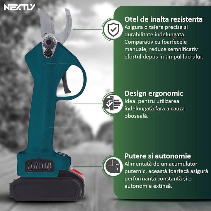 Foarfeca electrica pentru gradinarit NEXTLY, 2 acumulatori de 48V inclusi, pentru taiat via, crengi, diametru taiere 25mm, geanta transport si depozitare inclusa, accesorii, piatra ascutit, incarcator, albastru