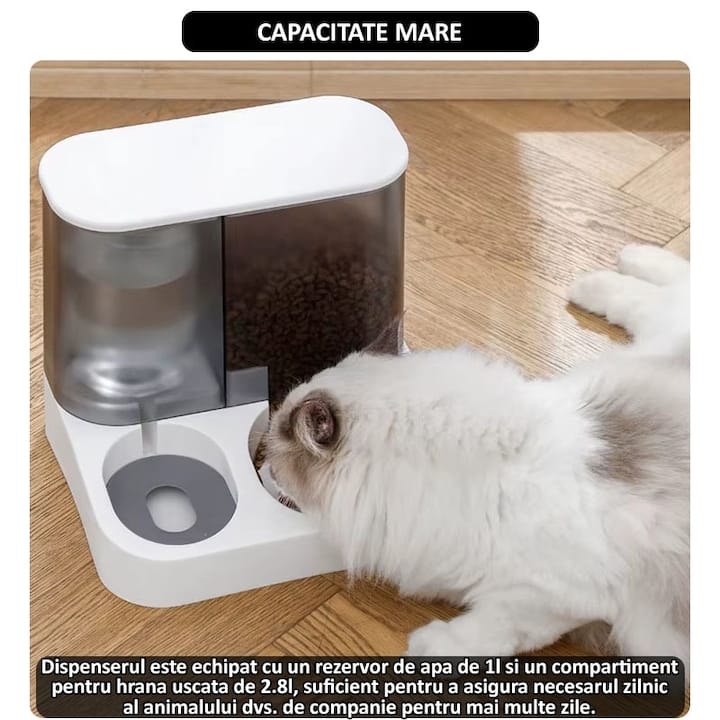 Dispenser automat mancare si apa animale NEXTLY, pentru pisici si caini de orice talie, compartimentare separata, rezervor transparent cu capac, capacitata apa 1l, capacitate hrana 2.8l, material ABS, non-toxic, alb-negru