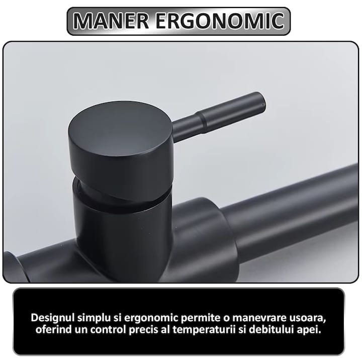 Baterie pentru chiuveta tip lebada NEXTLY, rotire la 360°, cap extensibil si retractabil, 2 tipuri de jet - normal si tip ploaie, 1-12 negru mat